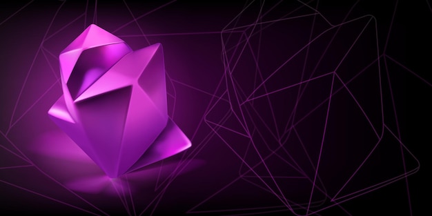 Abstract background with a purple lowpoly 3d object in the form of a polyhedron and a outlines of geometric shapes on a dark background