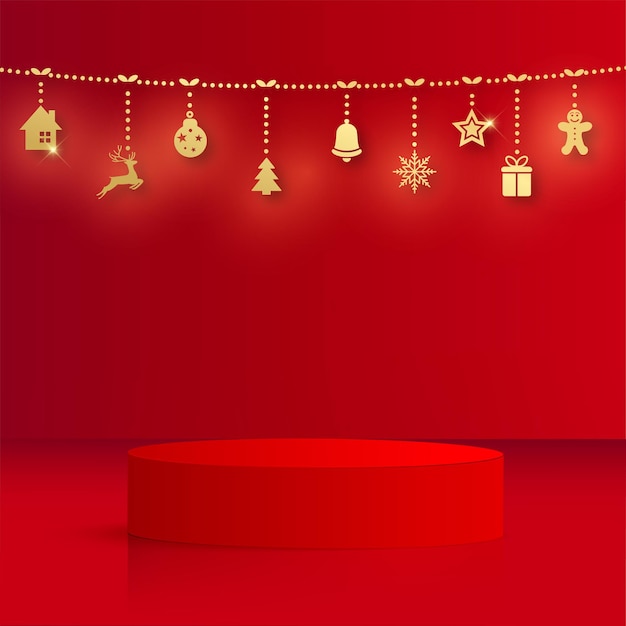 Abstract background with red color geometric 3d podiums for New Year. Vector illustration.