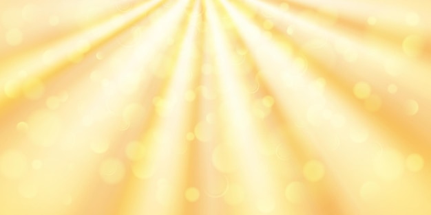 Vector abstract background in yellow colors with diverging rays of light and small translucent circles with bokeh effect