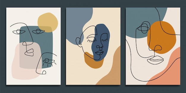 Abstract backgrounds with minimal shapes and line art faces.  