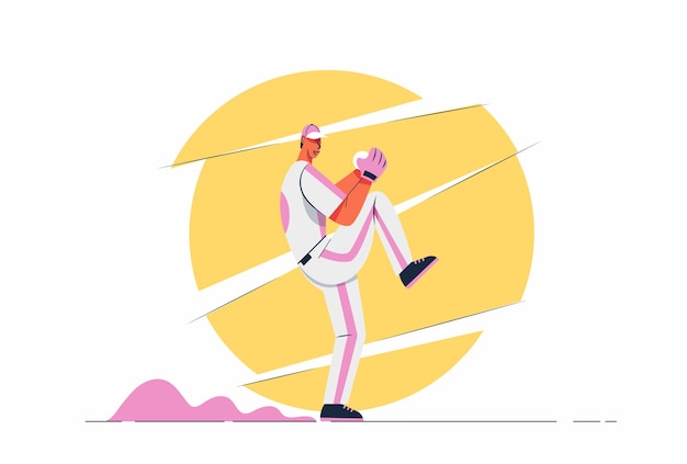 Abstract baseball player man with ball performing batter with bat, 3 score on board, cartoon character illustration