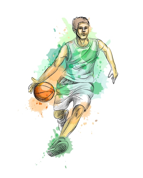 Abstract basketball player with ball from a splash of watercolor, hand drawn sketch.  illustration of paints