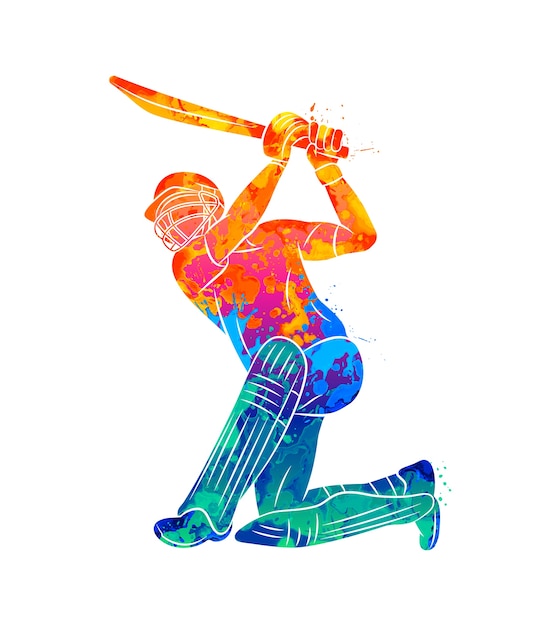 Abstract batsman playing cricket from splash of watercolors.  illustration of paints.