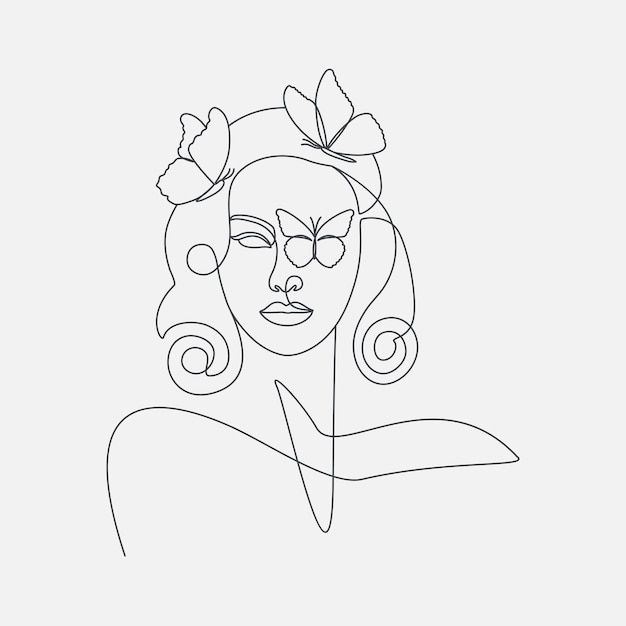 Abstract beauty woman head with butterflies line art illustration