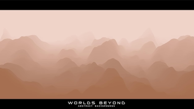 Abstract beige landscape with misty fog till horizon over mountain slopes. Gradient eroded terrain surface.