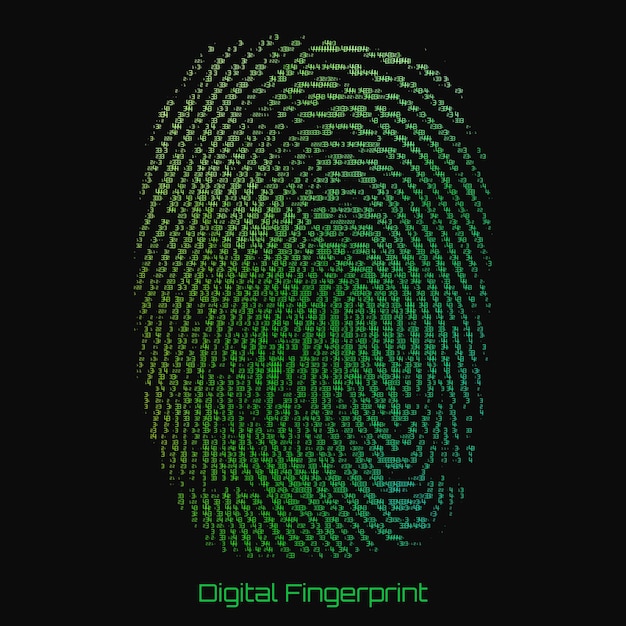 abstract binary representation of fingerprint. Cyber thumbprint green pattern composed of numbers. Biometric identity verification. Futuristic sensor scan image. Digital dactylogram.