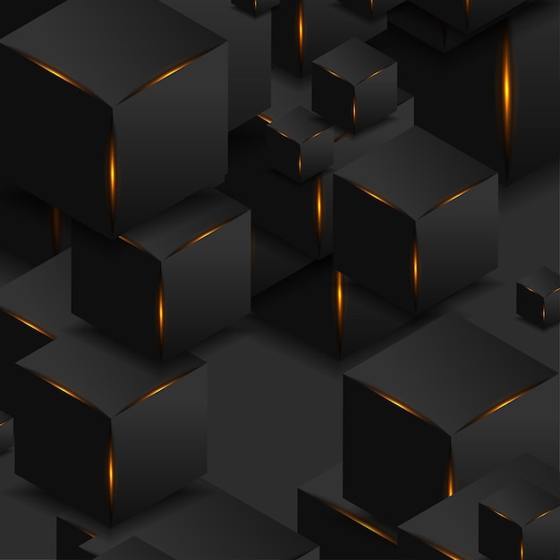 Vector abstract black 3d cubes with orange glowing lights design