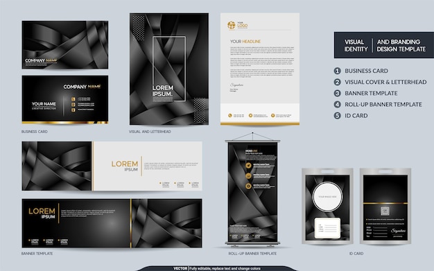 Abstract Black Chrome stationery mock up set and visual brand identity with abstract overlap layers background Vector illustration mock up for branding cover card product event banner website