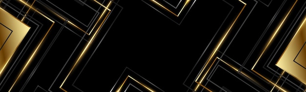 Abstract black and gold wide luxury background with geometric shapes