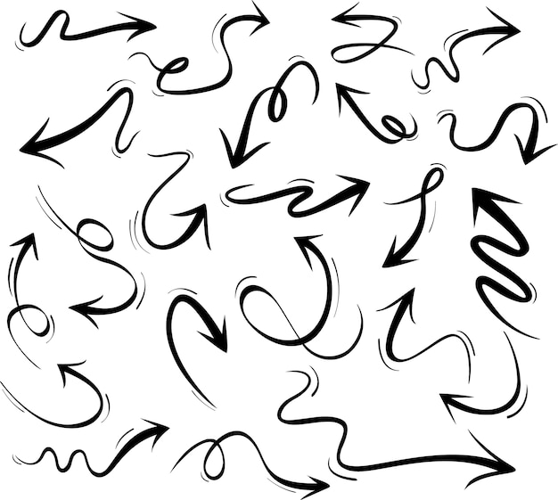 Abstract black hand drawn arrows set on white background