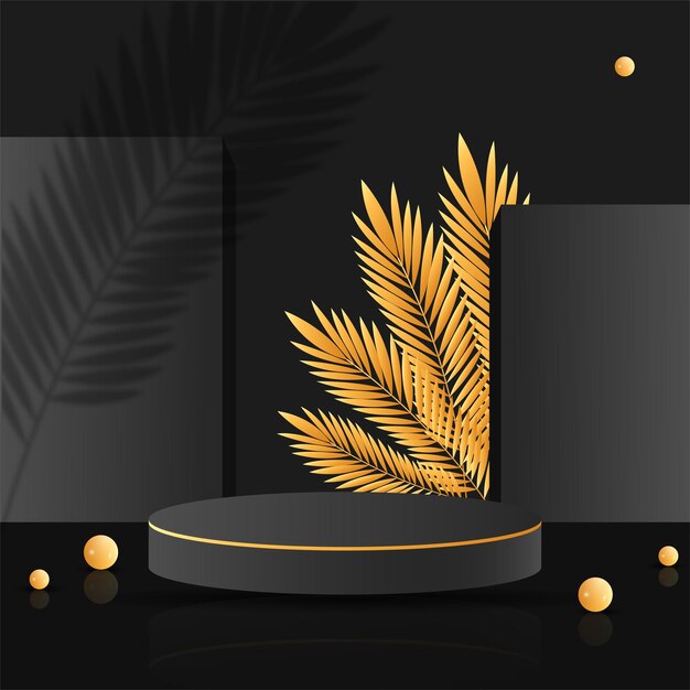 Vector abstract black pedestal podium background with golden tropical leaves and pearl for luxury product advertising