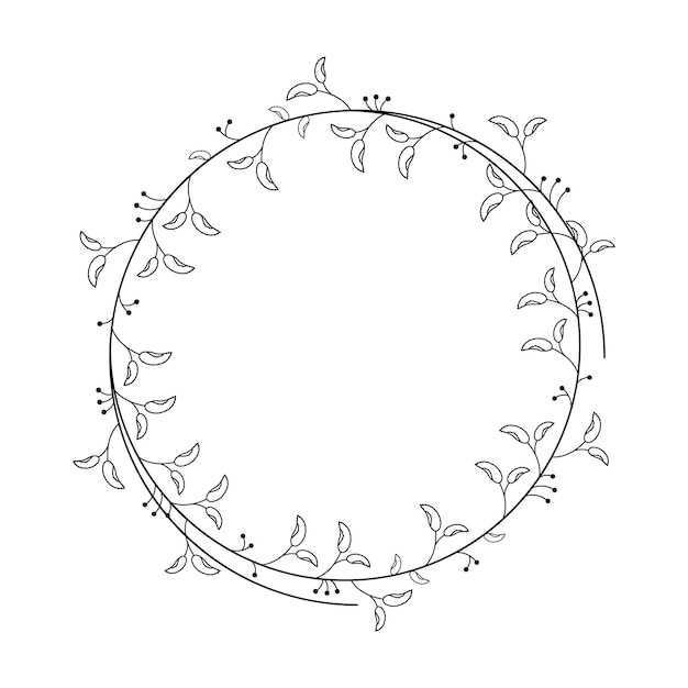 Abstract Black Simple Line Round Circle With Leaf Leaves Frame Flowers Doodle Outline Element Vector