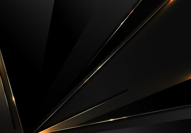 Abstract black triangles dimension pattern with golden lines and sparkling light on dark background