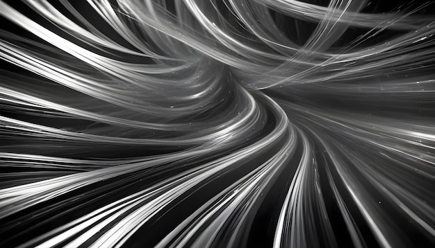 Abstract black and white design with swirling lines forming a tunnel converging into a central point representing data flow energy or speed