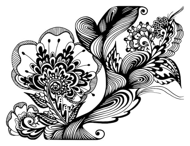 Abstract black white line art Waves optical illusions floral Hand drawn doodle Graphic sketch