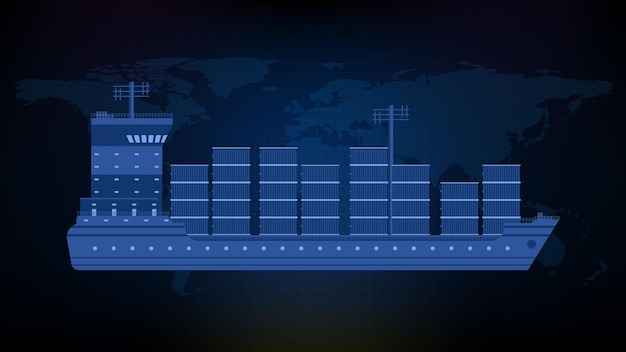 Abstract blue background of side view shipping container cargo ship with world map