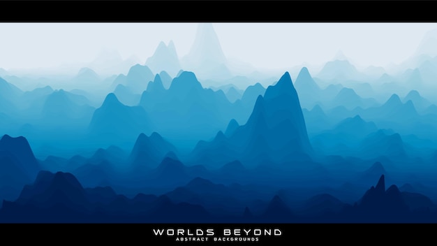 Abstract blue landscape with misty fog till horizon over mountain slopes