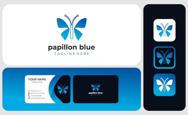 Abstract blue papillon or blue butterfly logo and business card template