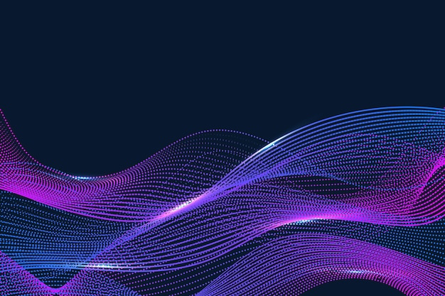 Vector abstract blue and pink wavy lines with dots particles and lighting on dark blue background