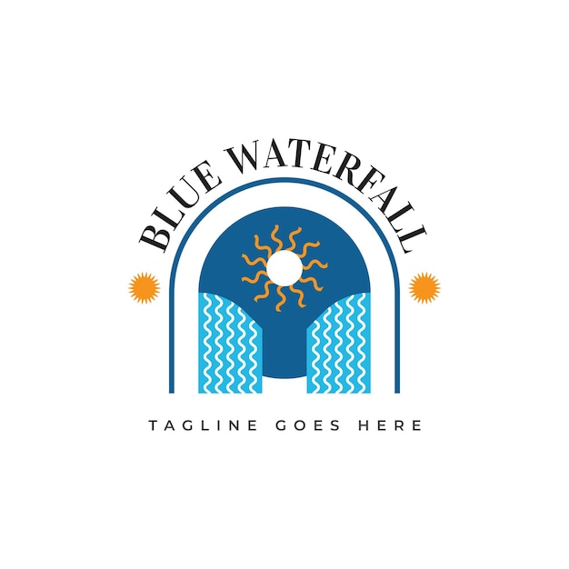 Abstract Blue Waterfall Logo with Sun Suitable for Tourism Park or Travel Industry Logo