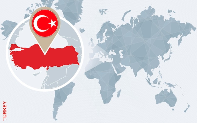 Abstract blue world map with magnified Turkey Turkey flag and map Vector Illustration