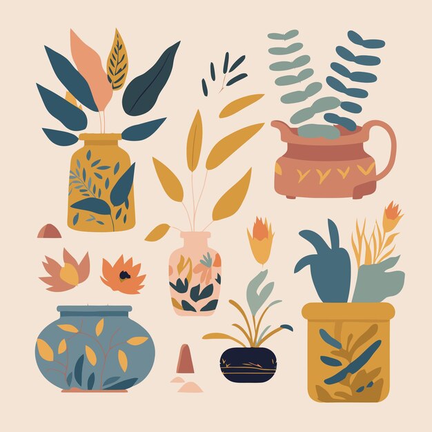 Vector abstract bohemian art aesthetic set of pottery and ceramic pots vases with leafs plants flowers