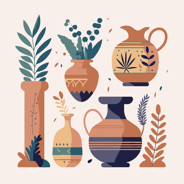 Vector abstract bohemian art aesthetic set of pottery and ceramic pots vases with leafs plants flowers