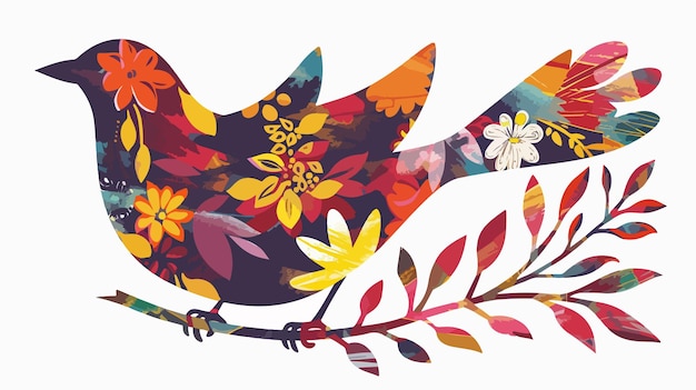 Vector abstract boho bird silhouette illustration with botanical leaves