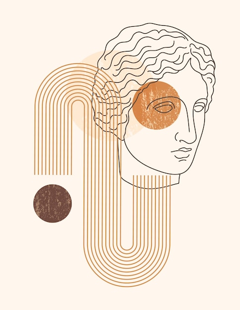 Abstract Boho Illustration with Antique Sculpture of Muse in a Minimal Liner Trendy Style. Vector Contemporary Background in Neutral colors for posters, t-shirts print, Cover, Social Media Stories