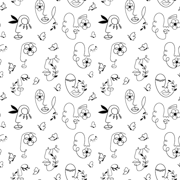 Abstract botanical faces seamless pattern