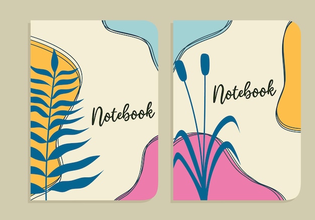 abstract botanical notebook cover design set in A4 layout size.hand drawn aesthetic background.