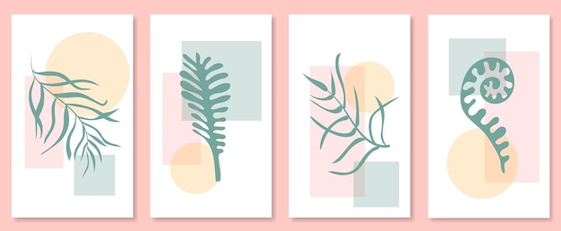 Abstract botanical wall art set Vector illustration in scandinavian design