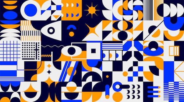 Abstract brutalism background Geometric minimalistic forms contemporary graphic collage Bright shapes blue or orange circles black and white grid elements Vector avantgarde art