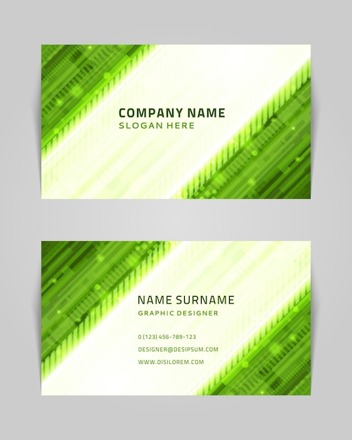 Abstract business card with linear shapes and dots vector banner Techno green stripes template with creative gradient dust