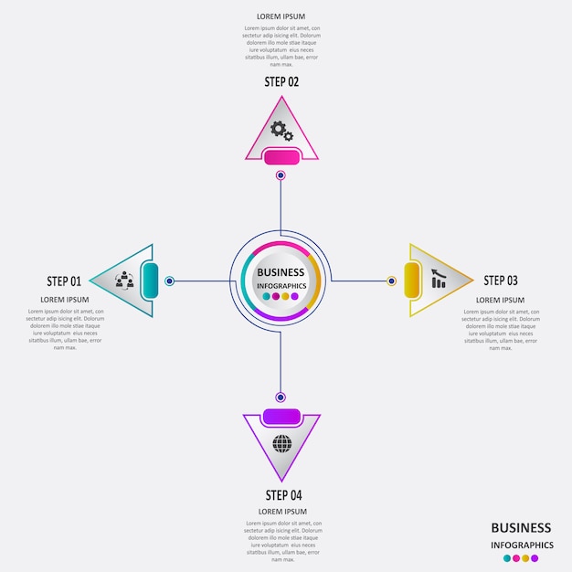 Abstract business infographics in the form of colored forms connected with each other by lines and steps.