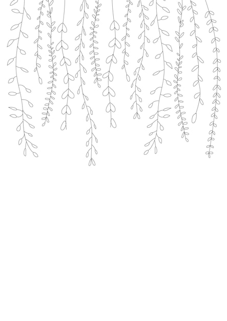 Abstract card background with branches and leaves hanging from the top Black and white illustration