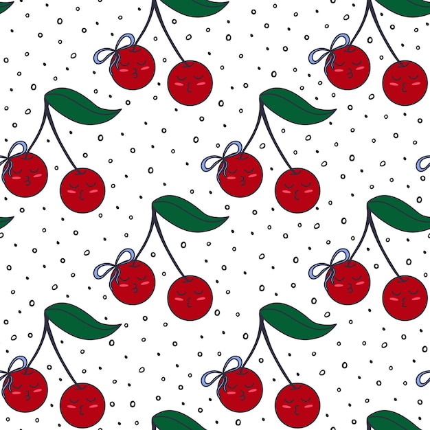 Abstract cherry vector seamless  pattern. Red berries and small random black spots ornament.