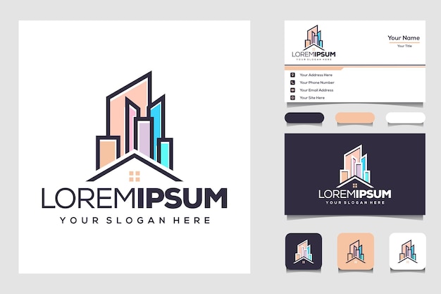 Abstract city building logo design concept with business card home residential apartment and city