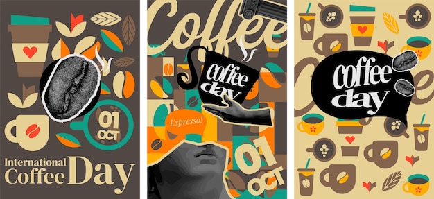 Abstract classic vintage international coffee day poster set vector art illustration