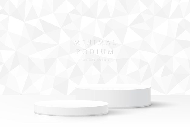 Abstract clean 3D room and realistic white cylinder pedestal podium with geometric polygon scene