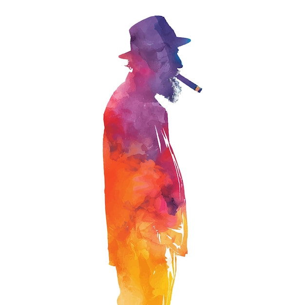 abstract color silhouette of old man with cigar vector illustration in watercolor style