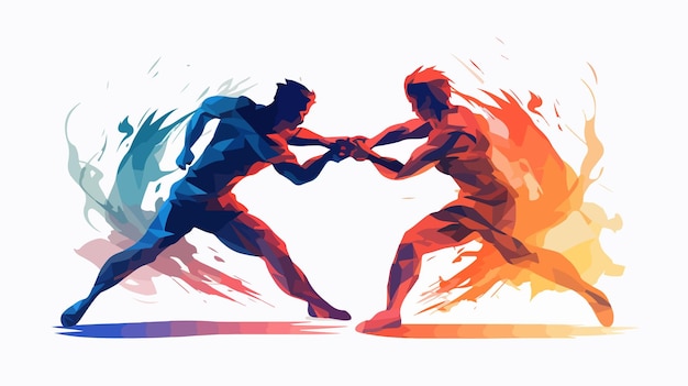 Vector abstract colored silhouettes engaged in a fierce fight dynamic battle scene concept