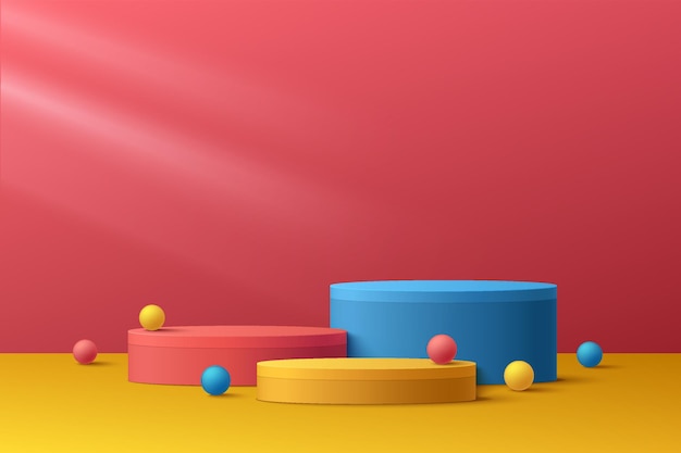 Abstract colorful 3D room with set of realistic red blue and yellow cylinder pedestal podium display