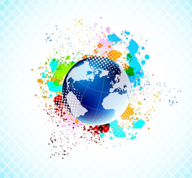 Abstract colorful background with blue globe and colorful grunge splashes.