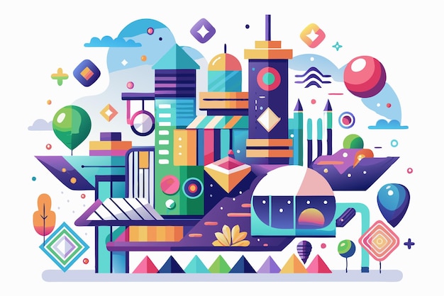 Abstract Colorful Cityscape with Geometric Shapes and Balloons