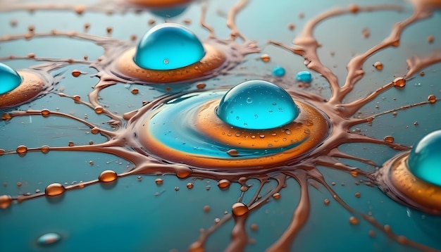 Vector abstract colorful design with blue spheres resting on swirling metalliclooking waves or splashes of liquid