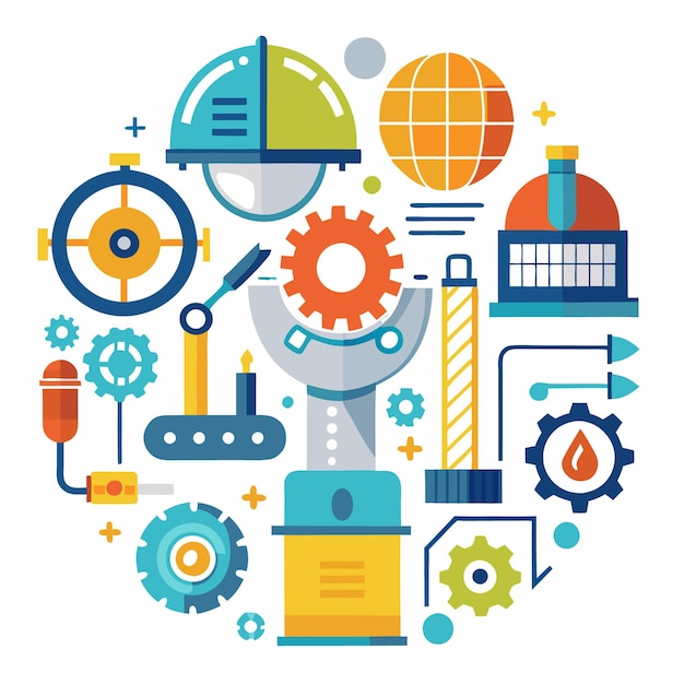 Vector abstract colorful illustration of various gears machinery and mechanical elements