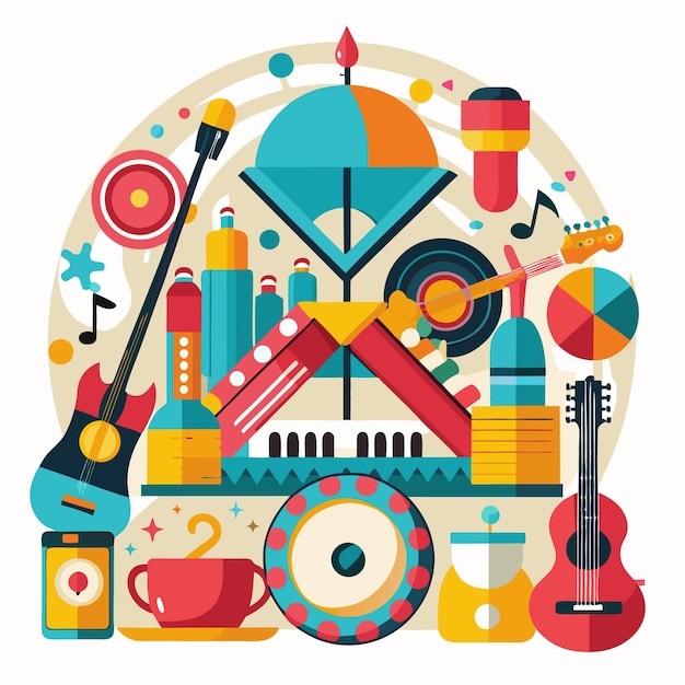 Vector abstract colorful illustration with music instruments music notes coffee cup and other objects