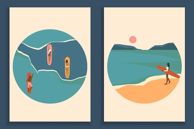 Abstract colorful landscape poster collection. Set of contemporary art beach print templates.