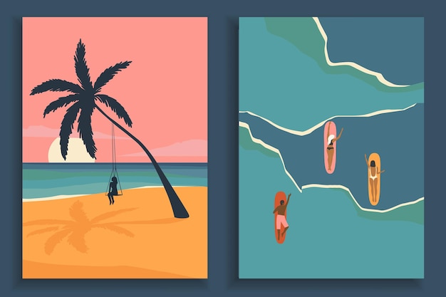 Abstract colorful landscape poster collection. Set of contemporary art beach print templates.